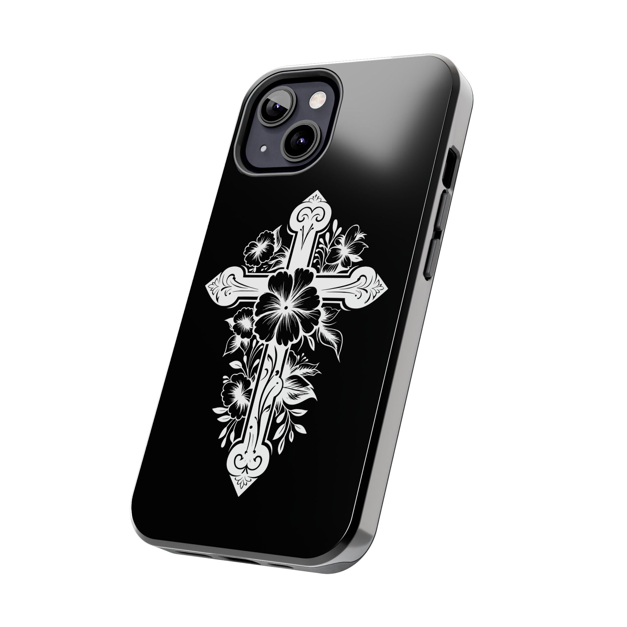 Floral Cross Tough Phone Case — Black Protective Christian Phone Cover