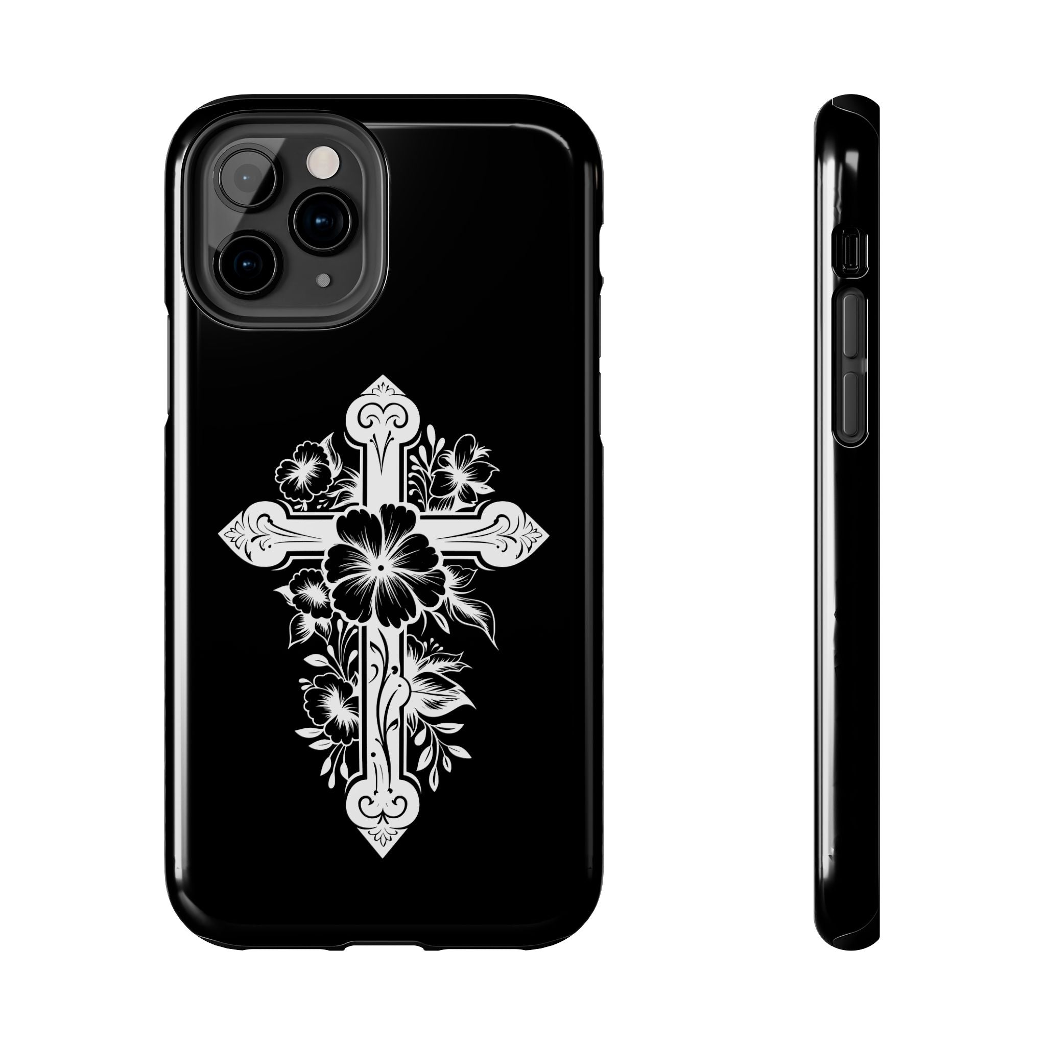 Floral Cross Tough Phone Case — Black Protective Christian Phone Cover