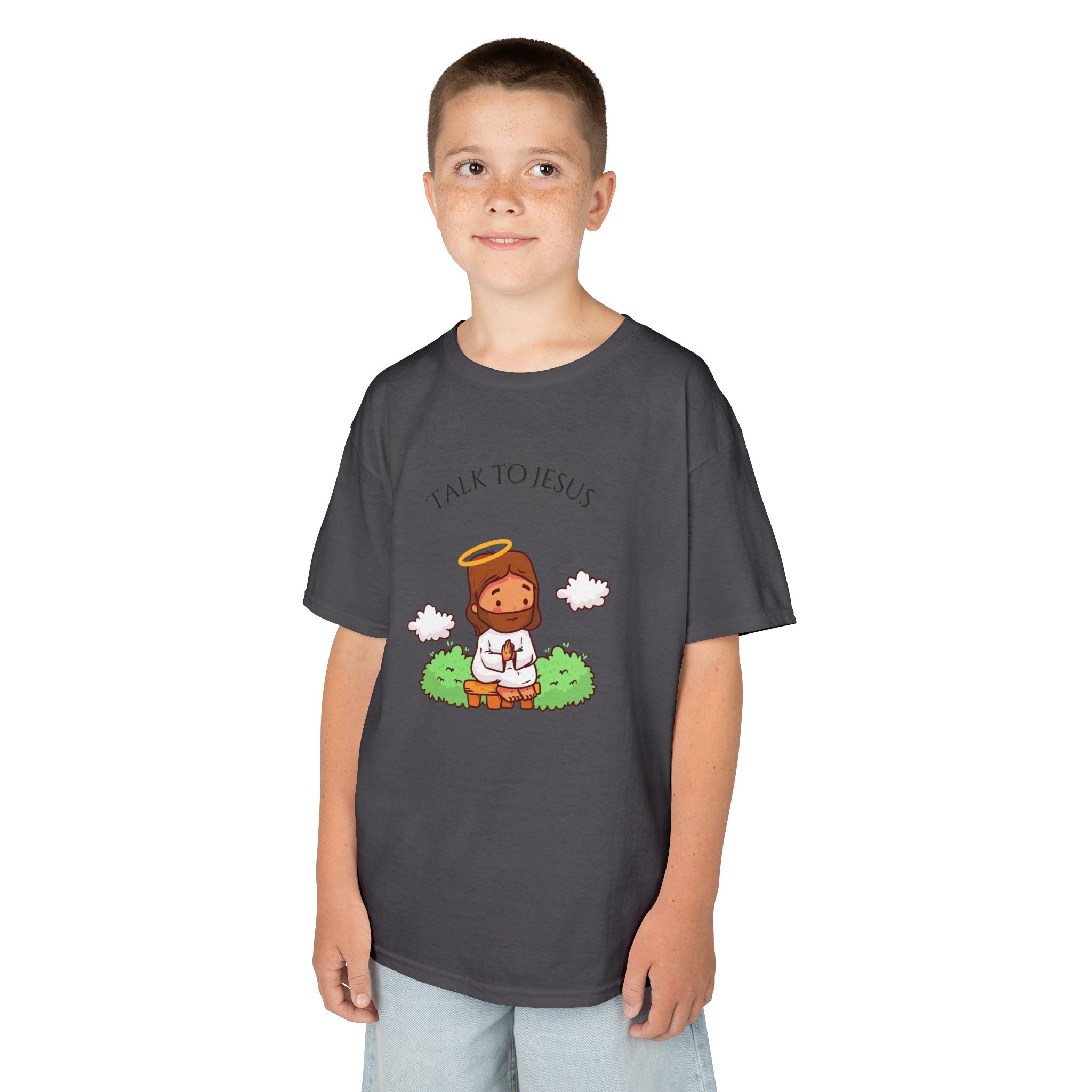 Kids Tee — Cute "Talk to Jesus" Cartoon Jesus Graphic Youth Faith Shirt