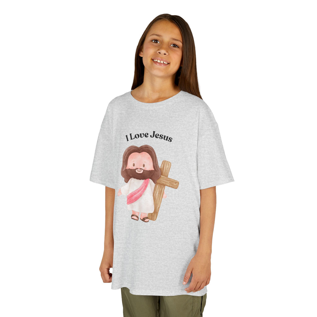 Kids T-Shirt — Cute "I Love Jesus" Cartoon Jesus Holding Cross — Christian Easter Gift for Children
