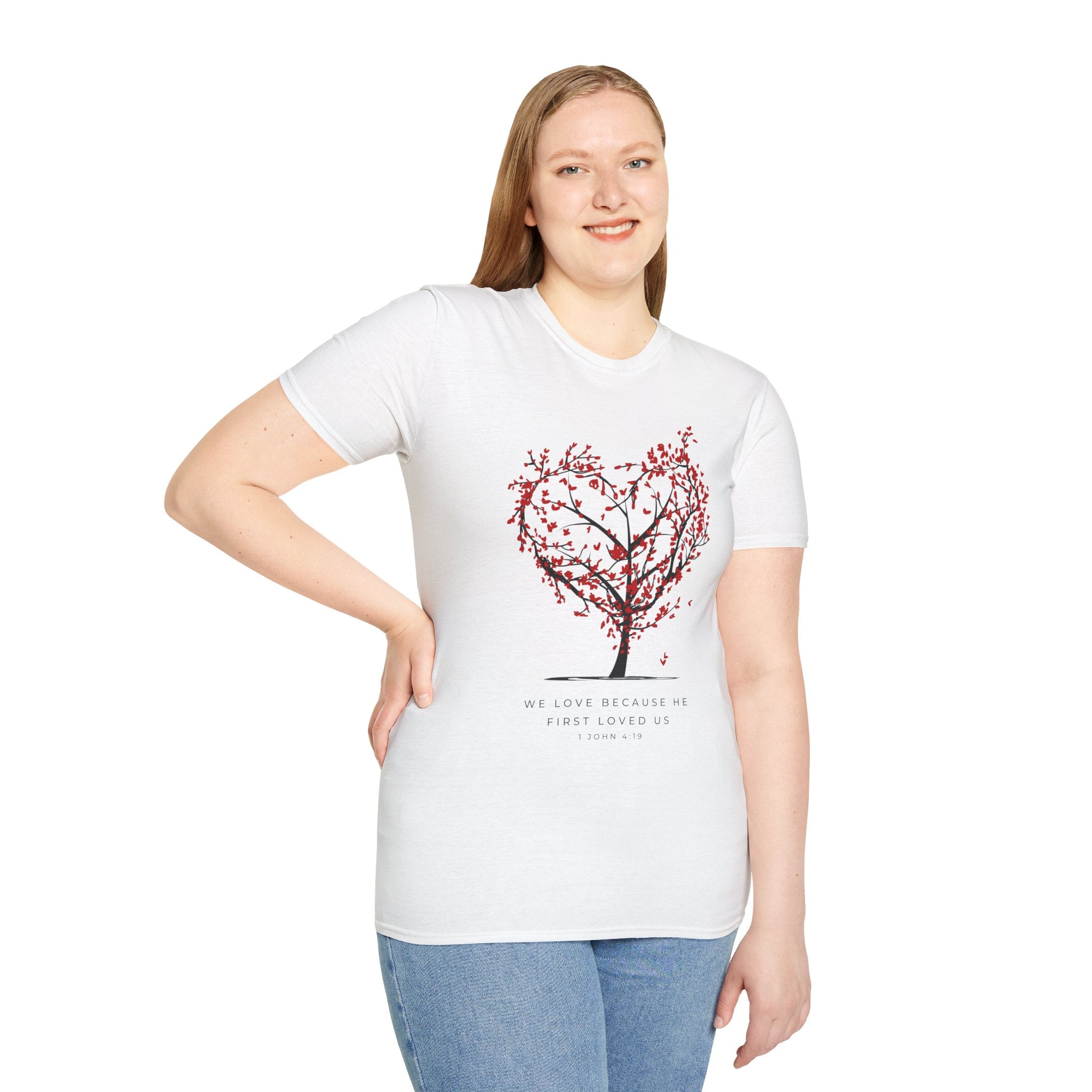 Heart Blossom Tree T‑Shirt — "We Love Because He First Loved Us" Christian Tee