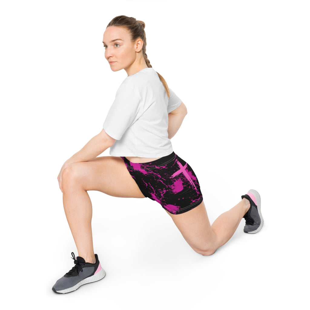 Women's Shorts — Pink Black Marble 'Jesus Saves' Graphic Active Shorts
