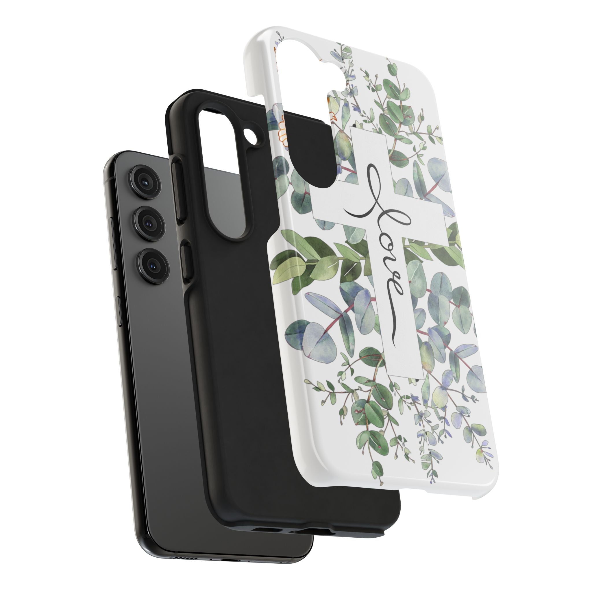 Religious Cross Tough Phone Case — Eucalyptus Floral "Love" Design