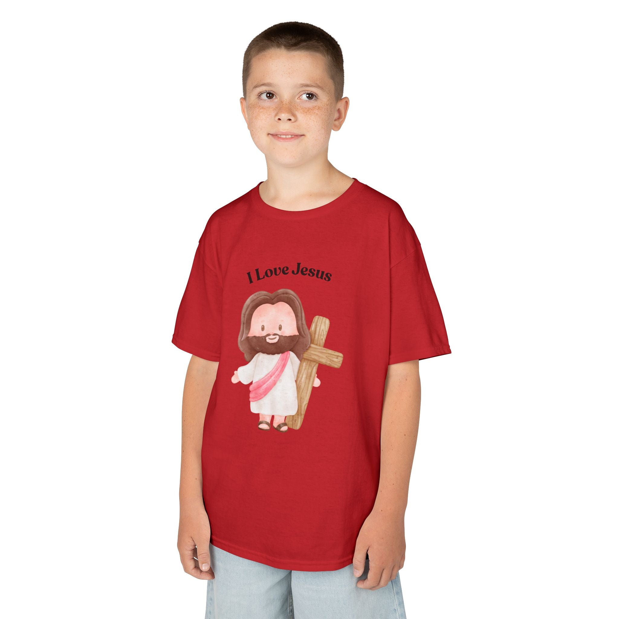 Kids T-Shirt — Cute "I Love Jesus" Cartoon Jesus Holding Cross — Christian Easter Gift for Children