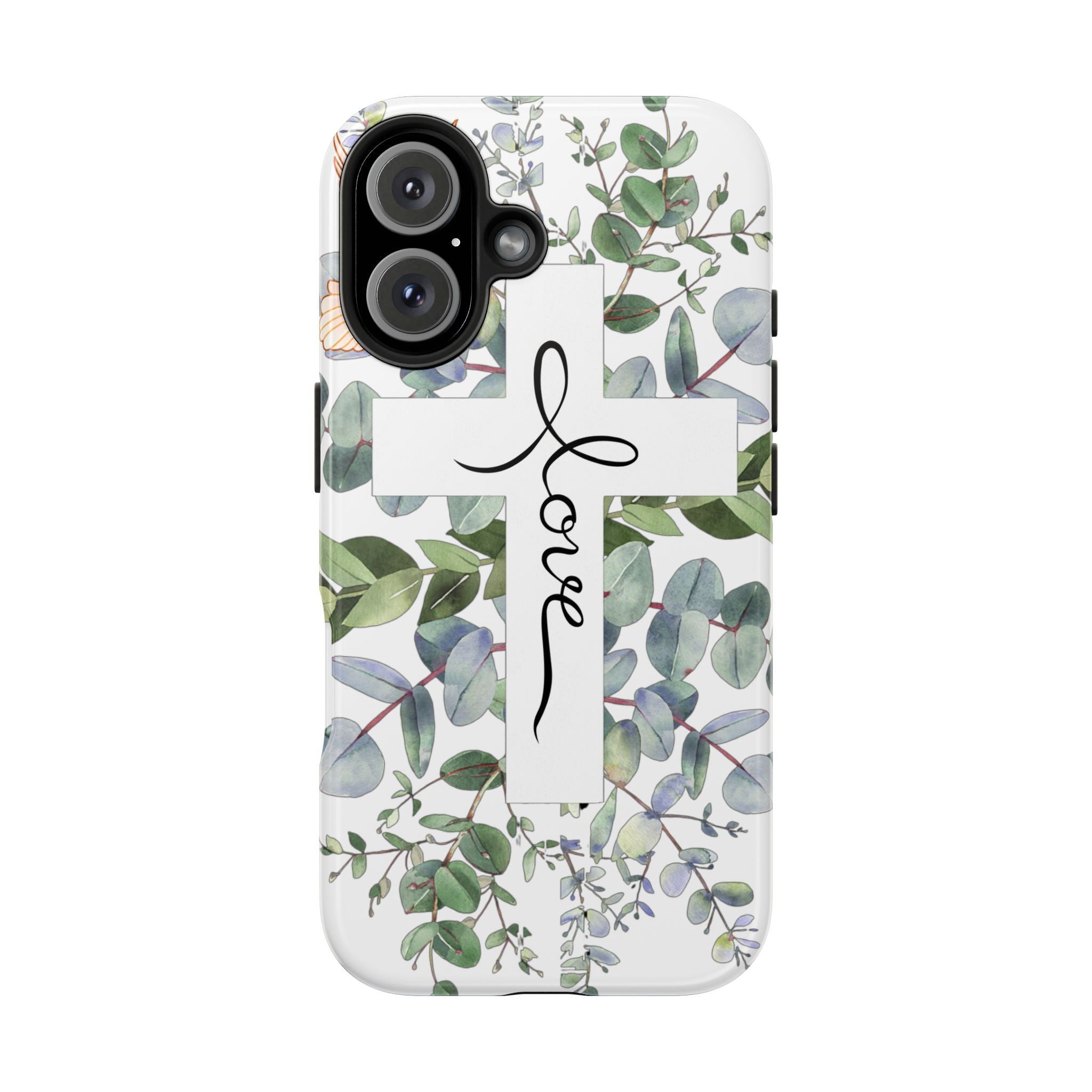 Religious Cross Tough Phone Case — Eucalyptus Floral "Love" Design