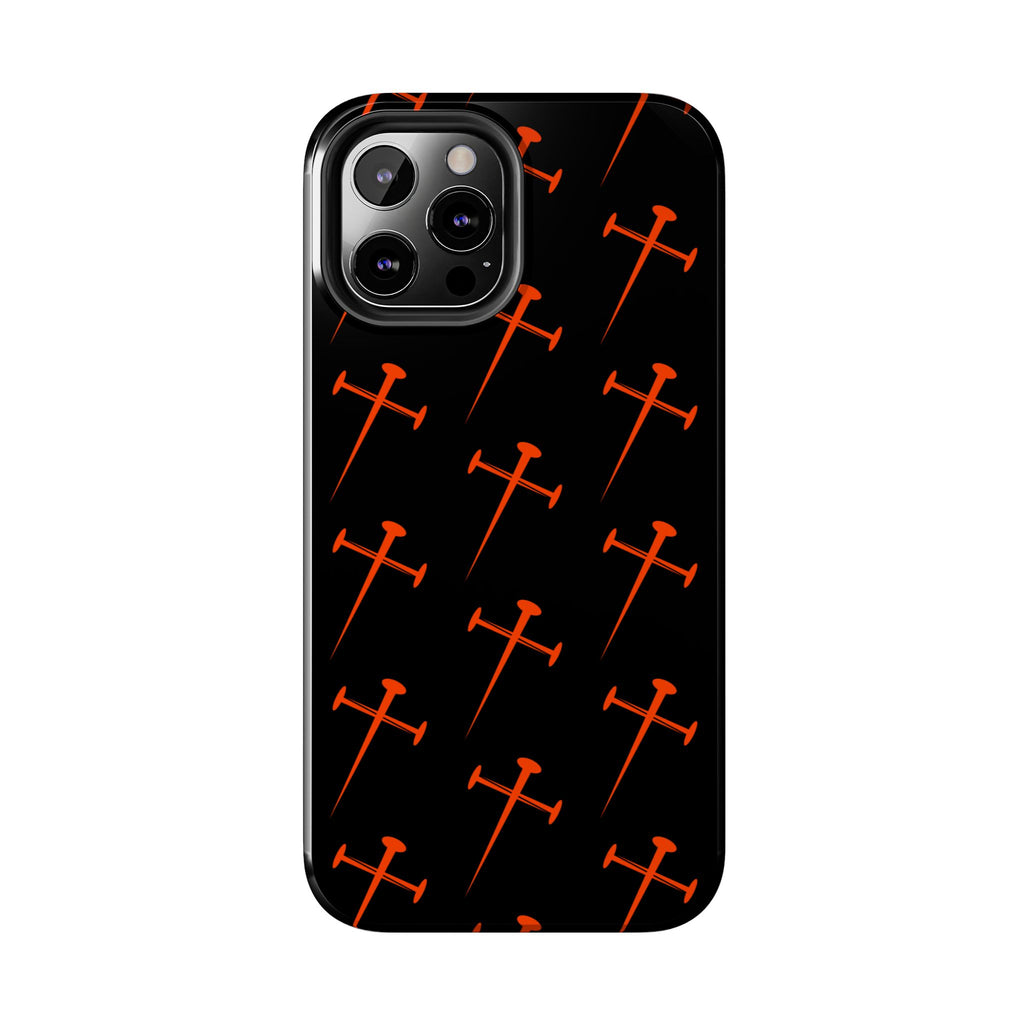 Black Tough Phone Case with Orange Nail Cross Pattern