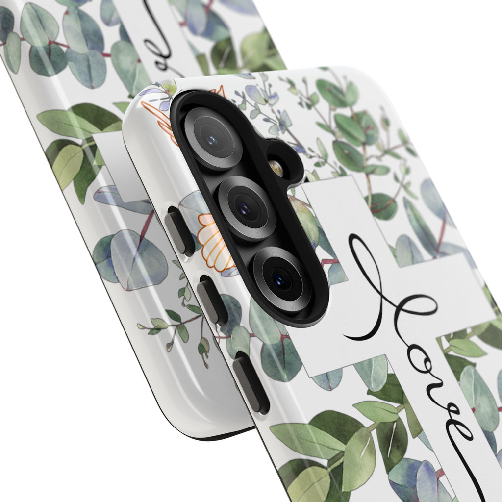 Religious Cross Tough Phone Case — Eucalyptus Floral "Love" Design