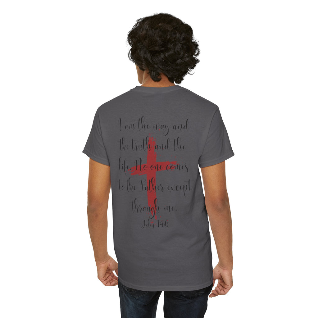 Jesus Cross T-Shirt — Red Brushstroke Faith Tee with Scripture Back (John 14:6)