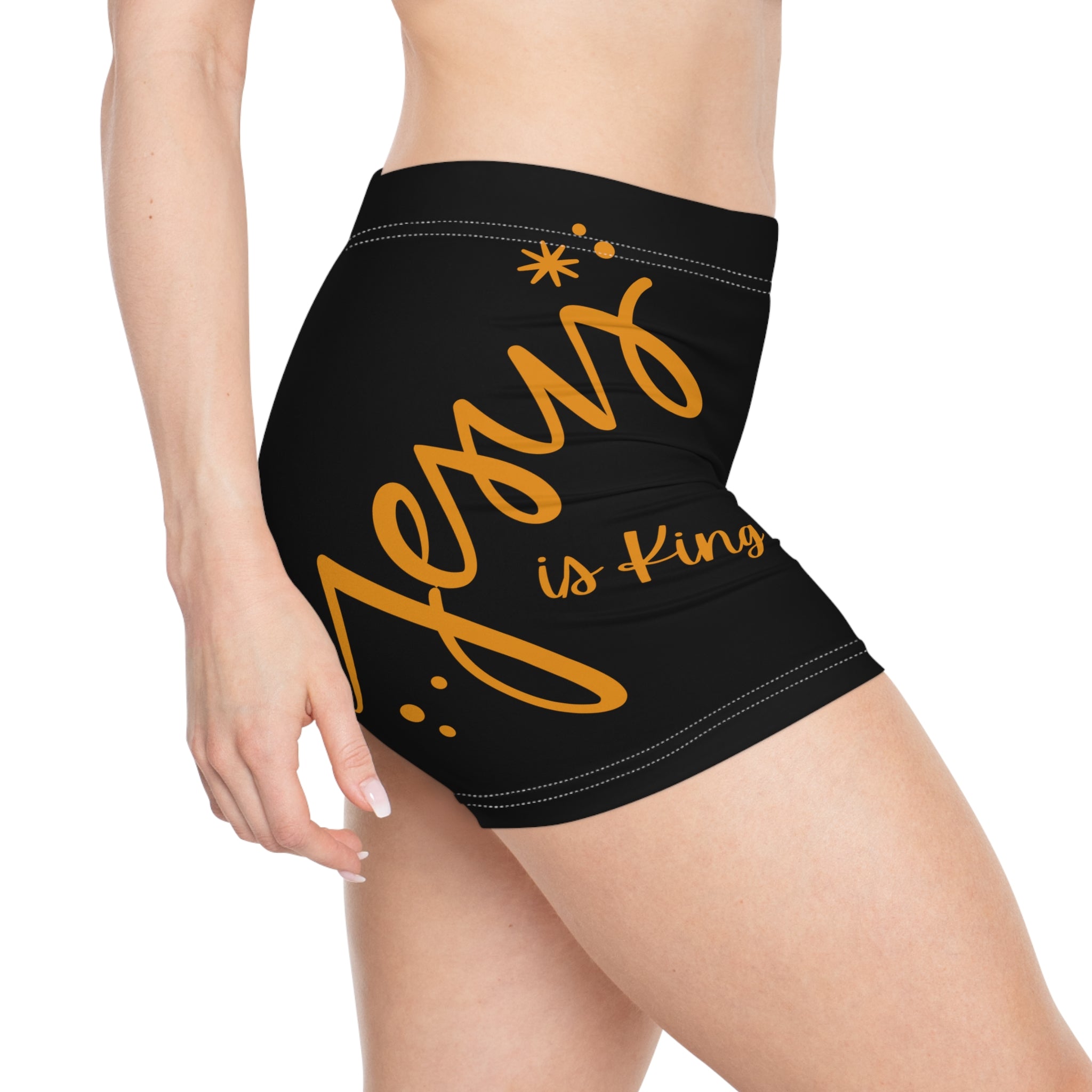 Women's Christian Cross Faith Shorts — 'Jesus Is King' Black & Gold Active Shorts