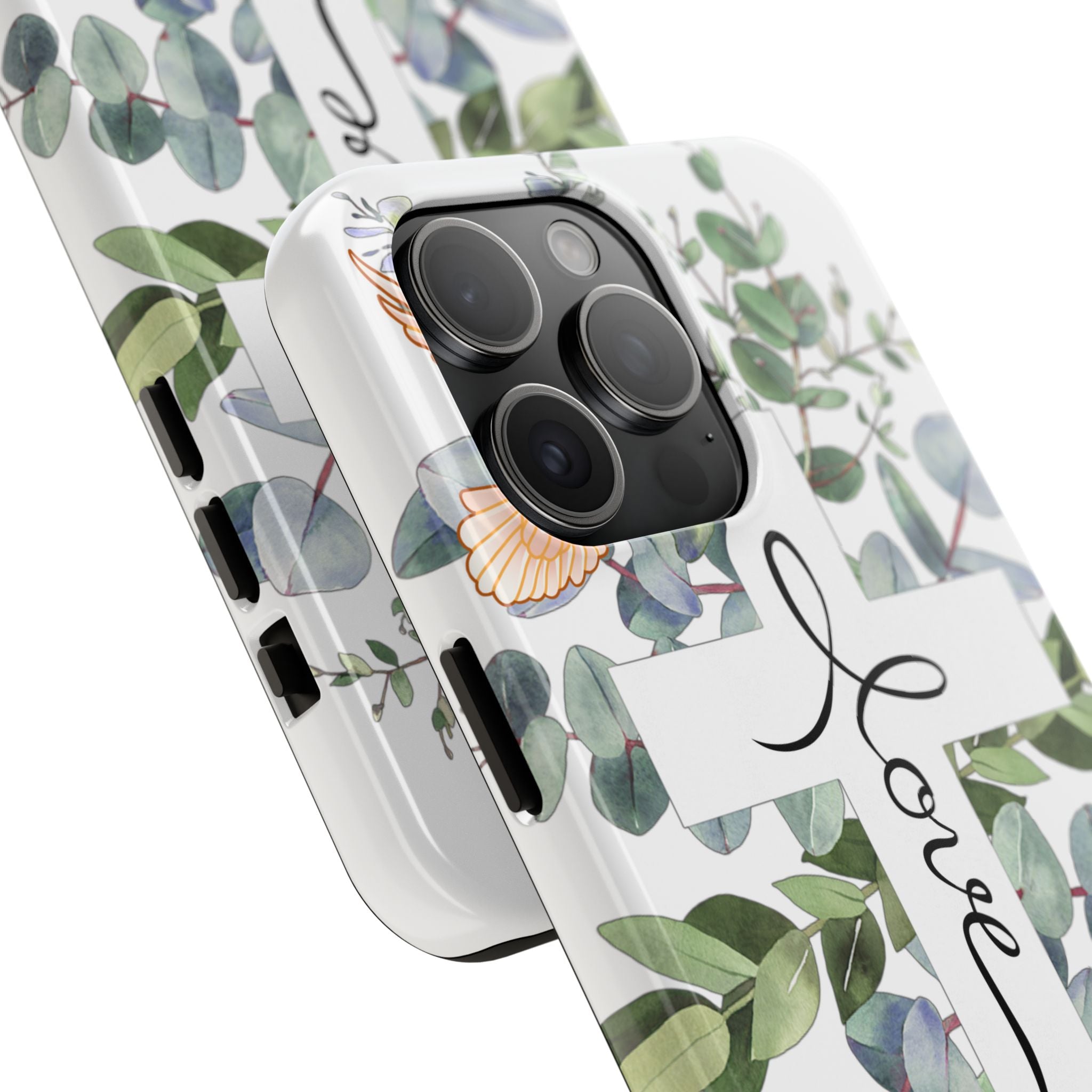 Religious Cross Tough Phone Case — Eucalyptus Floral "Love" Design