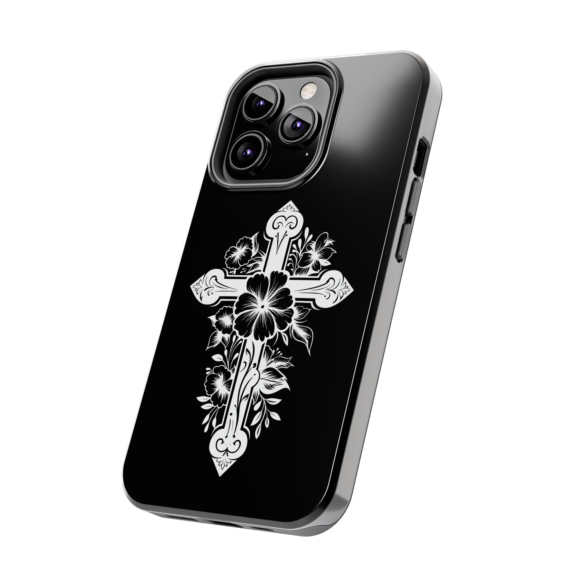 Floral Cross Tough Phone Case — Black Protective Christian Phone Cover