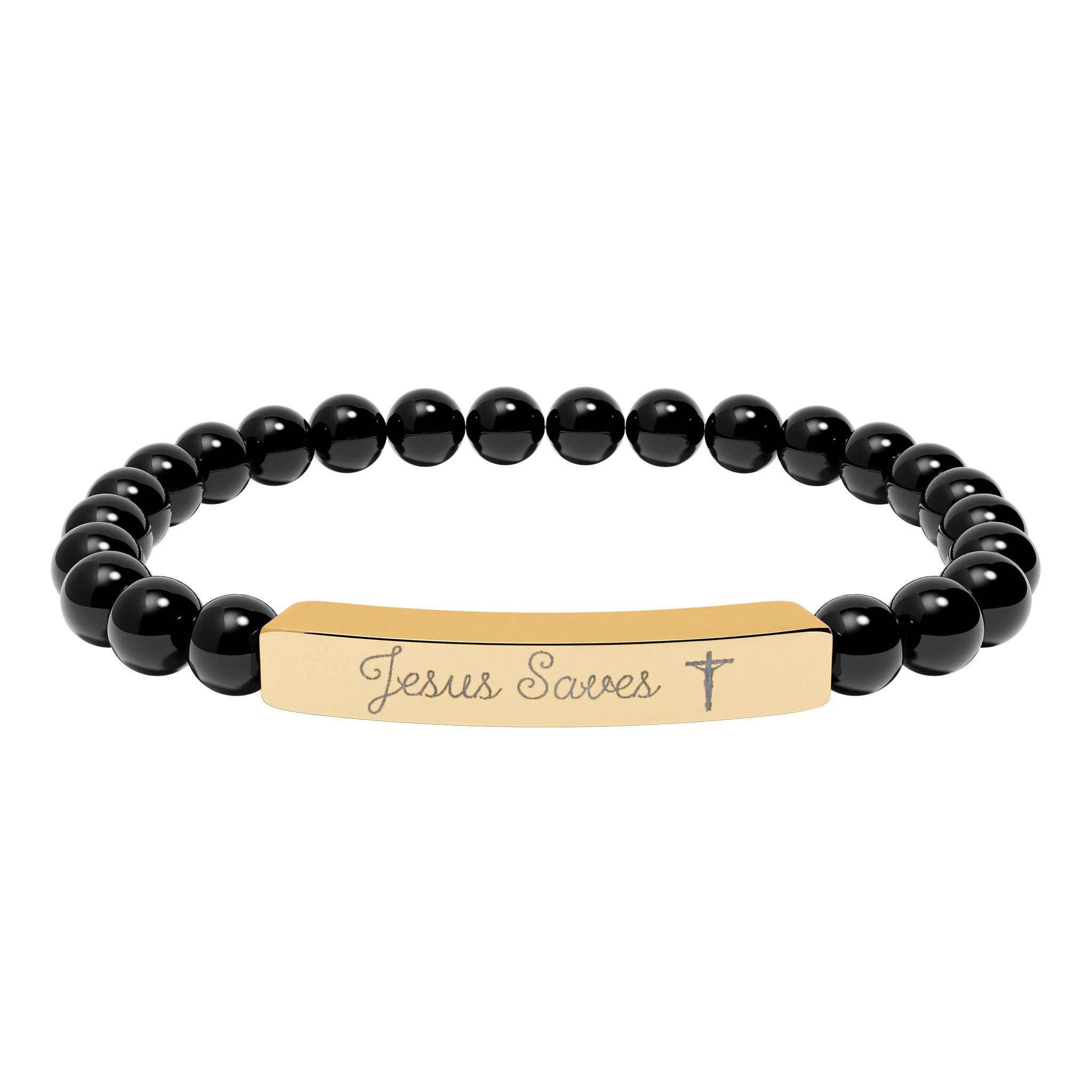Engraved Natural Stone Stretch Bracelet — Personalized Bar Bead Bracelet ("Jesus Loves")