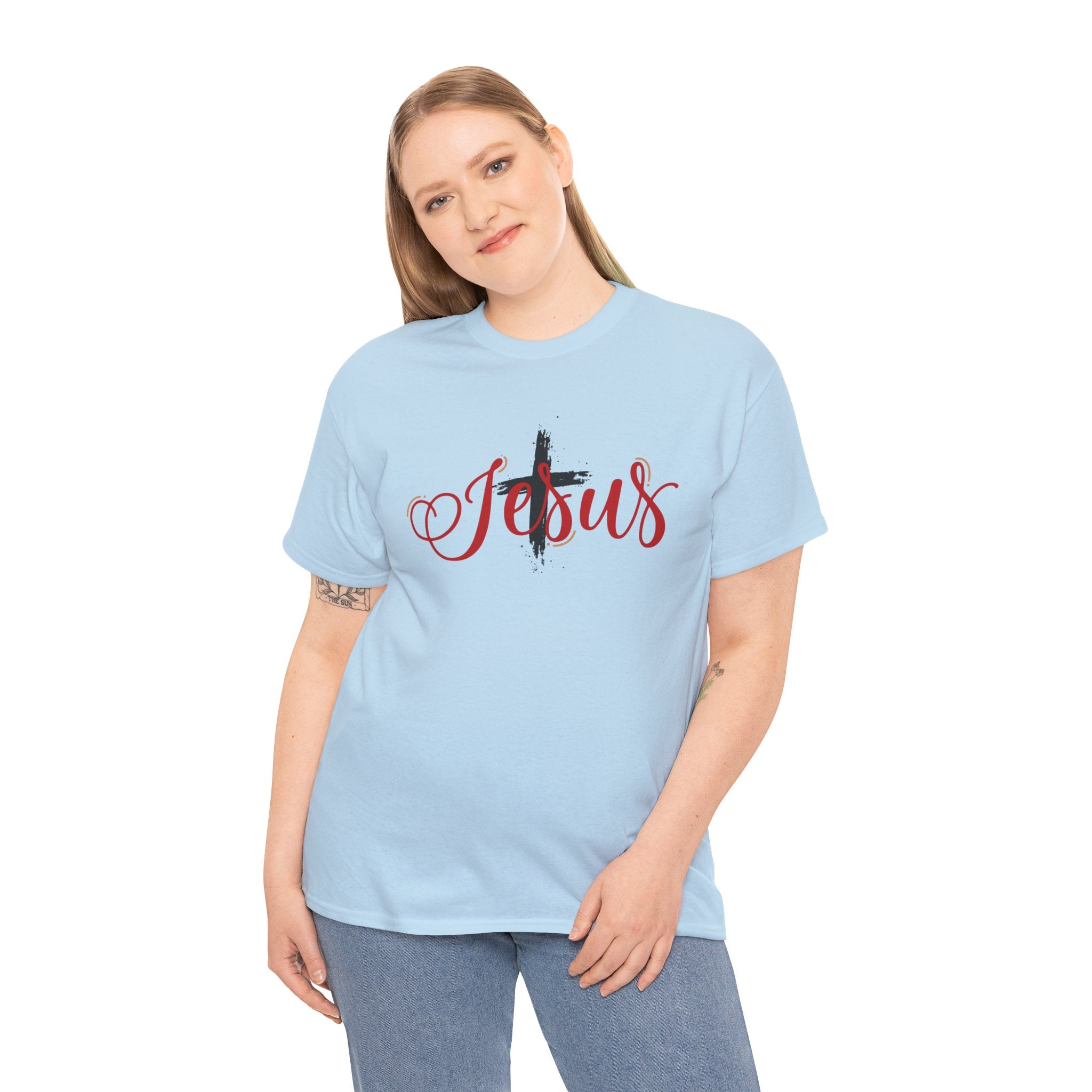 Jesus Cross T-Shirt — Red Brushstroke Faith Tee with Scripture Back (John 14:6)