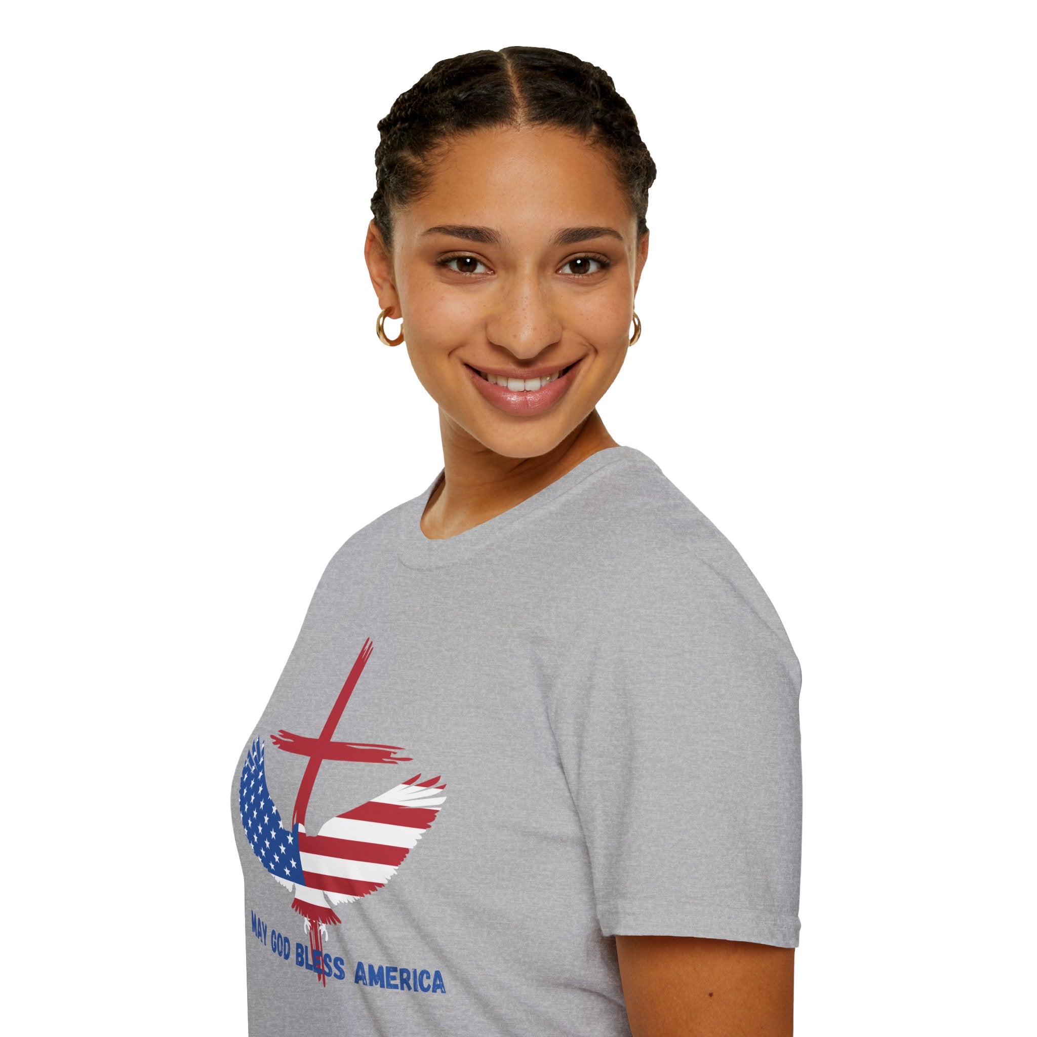 Patriotic Eagle T-Shirt — "May God Bless America" Flag Cross Graphic