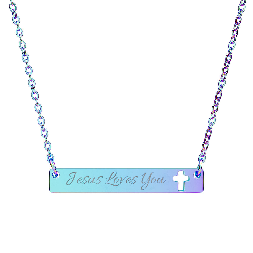 Engraved Cutout Cross Bar Necklace — "Jesus Loves You"