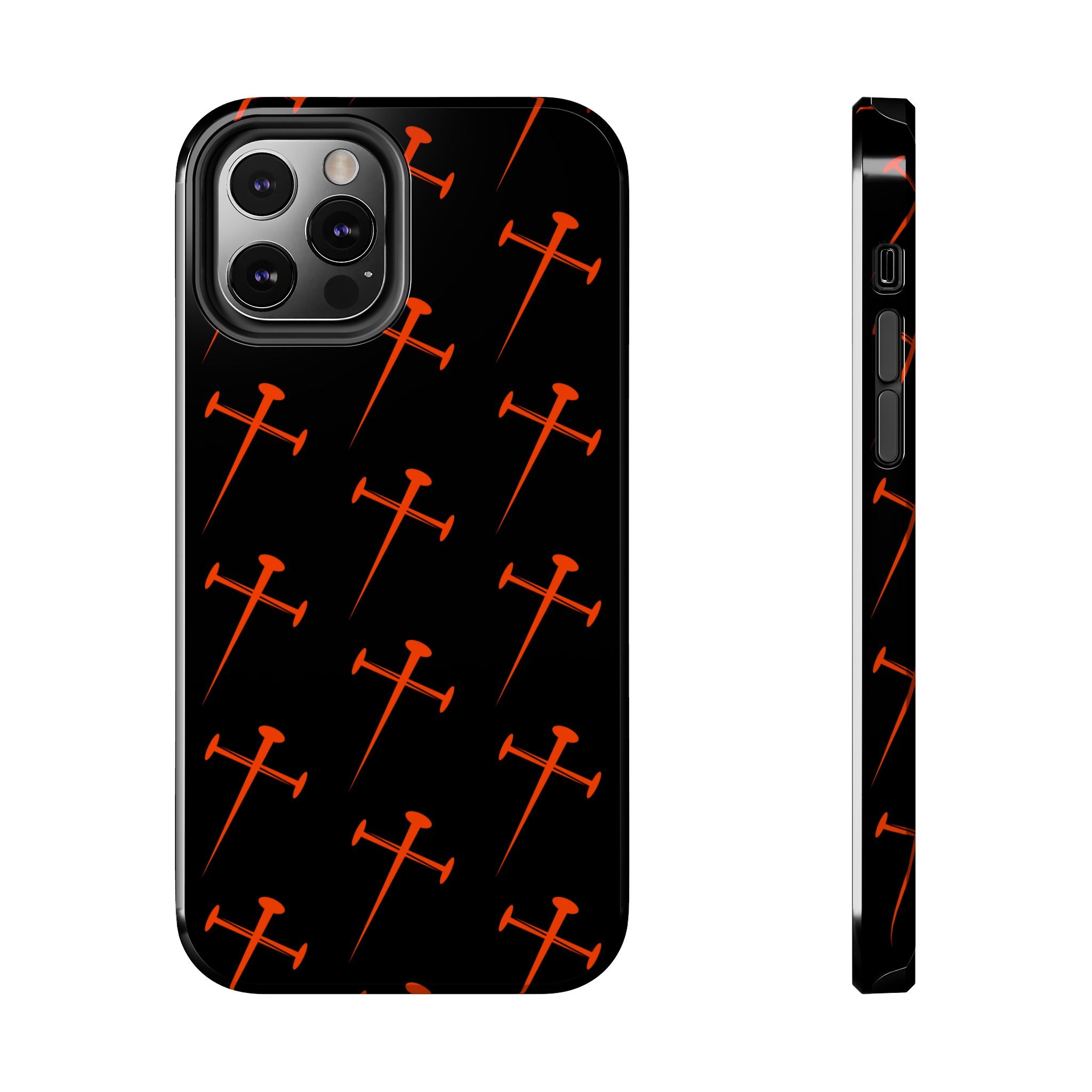 Black Tough Phone Case with Orange Nail Cross Pattern