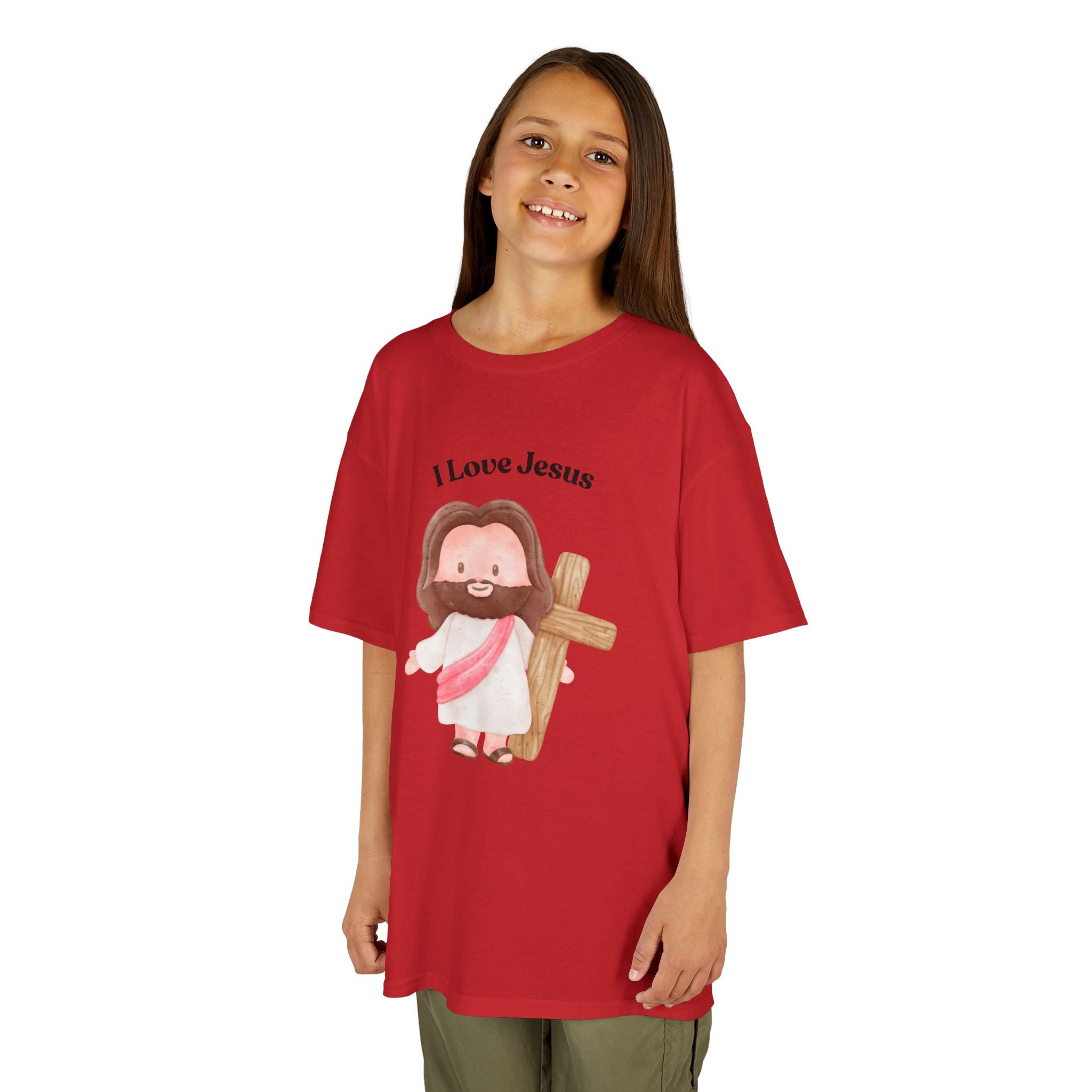Kids T-Shirt — Cute "I Love Jesus" Cartoon Jesus Holding Cross — Christian Easter Gift for Children