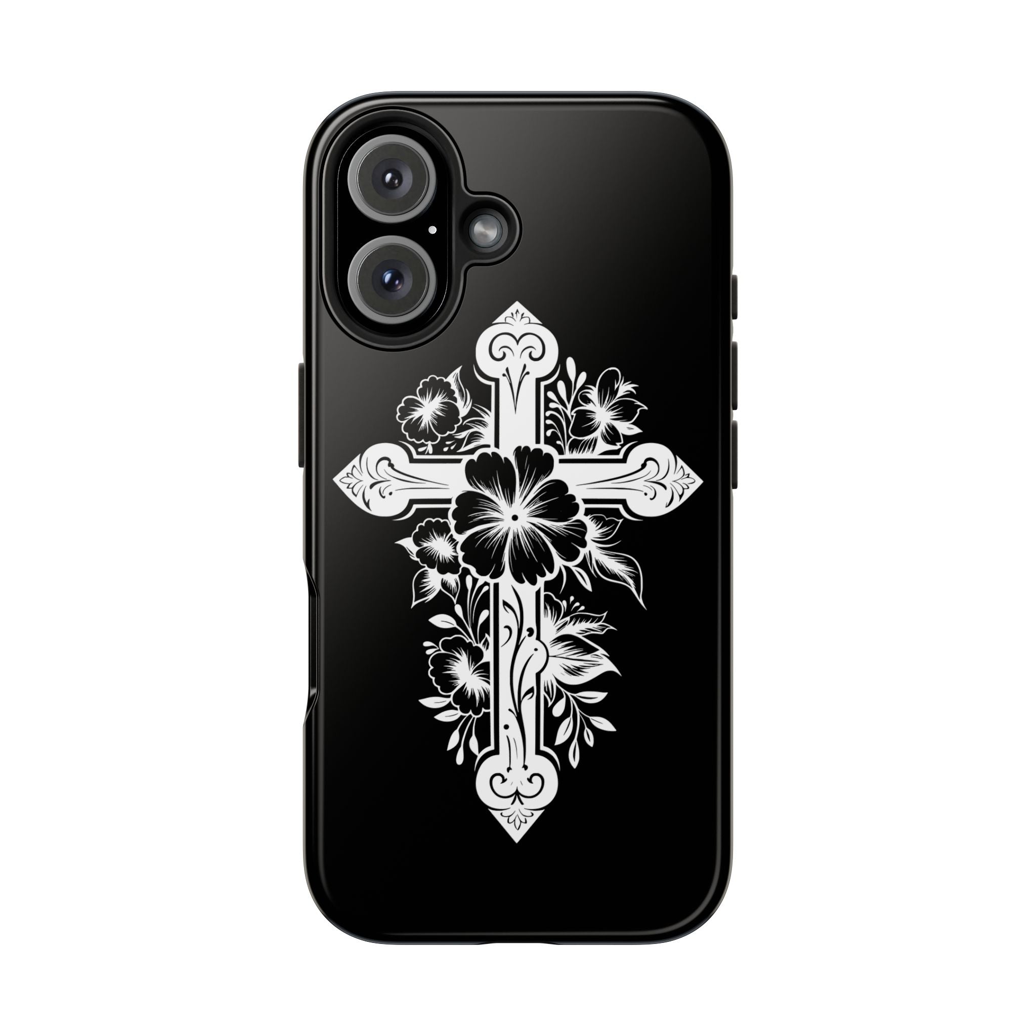 Floral Cross Tough Phone Case — Black Protective Christian Phone Cover