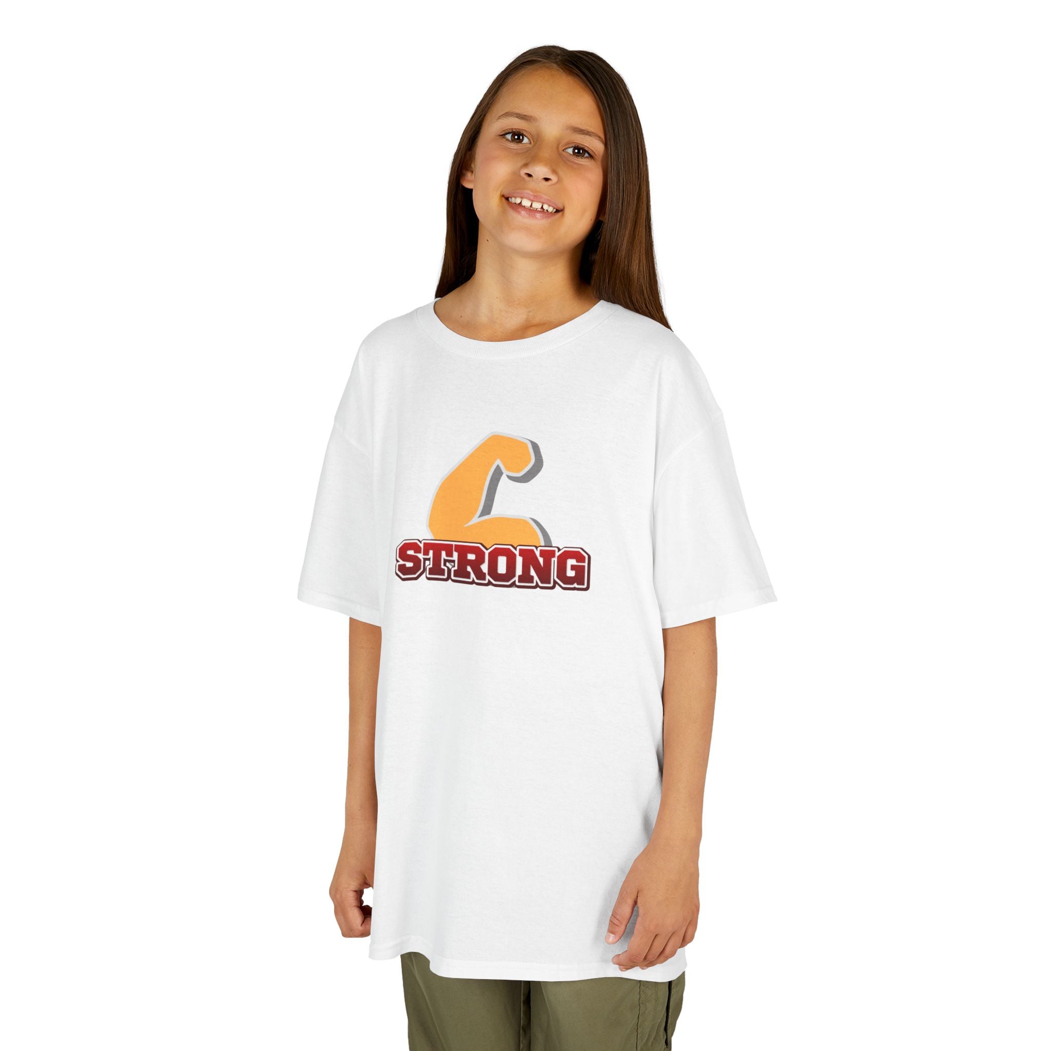 Kids Tee — "Strong" Muscle Graphic with Philippians 4:13 Back (Christian Inspirational)