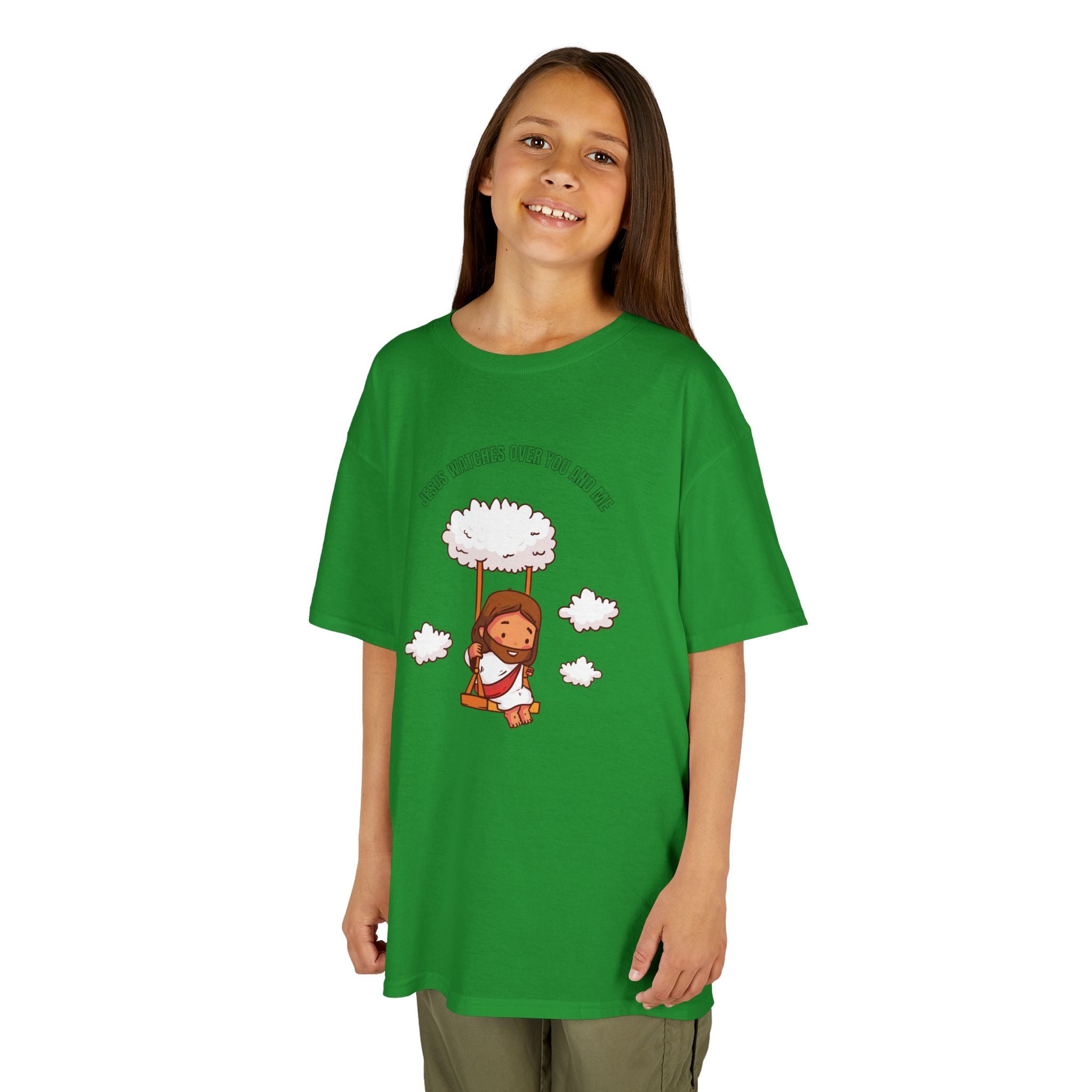 Kids Tee — Cute Jesus on Swing Under Cloud "Jesus Watches Over You and Me"