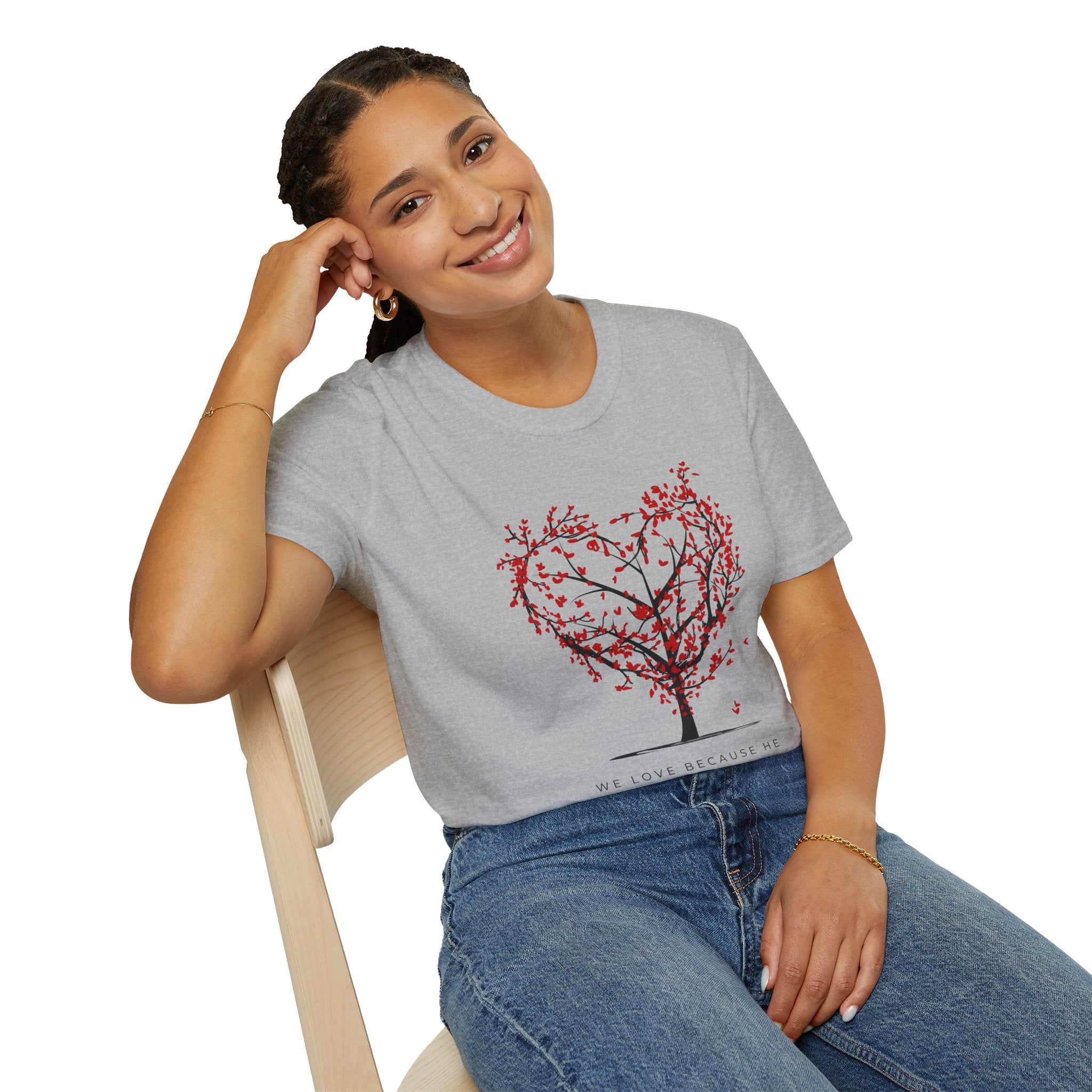 Heart Blossom Tree T‑Shirt — "We Love Because He First Loved Us" Christian Tee