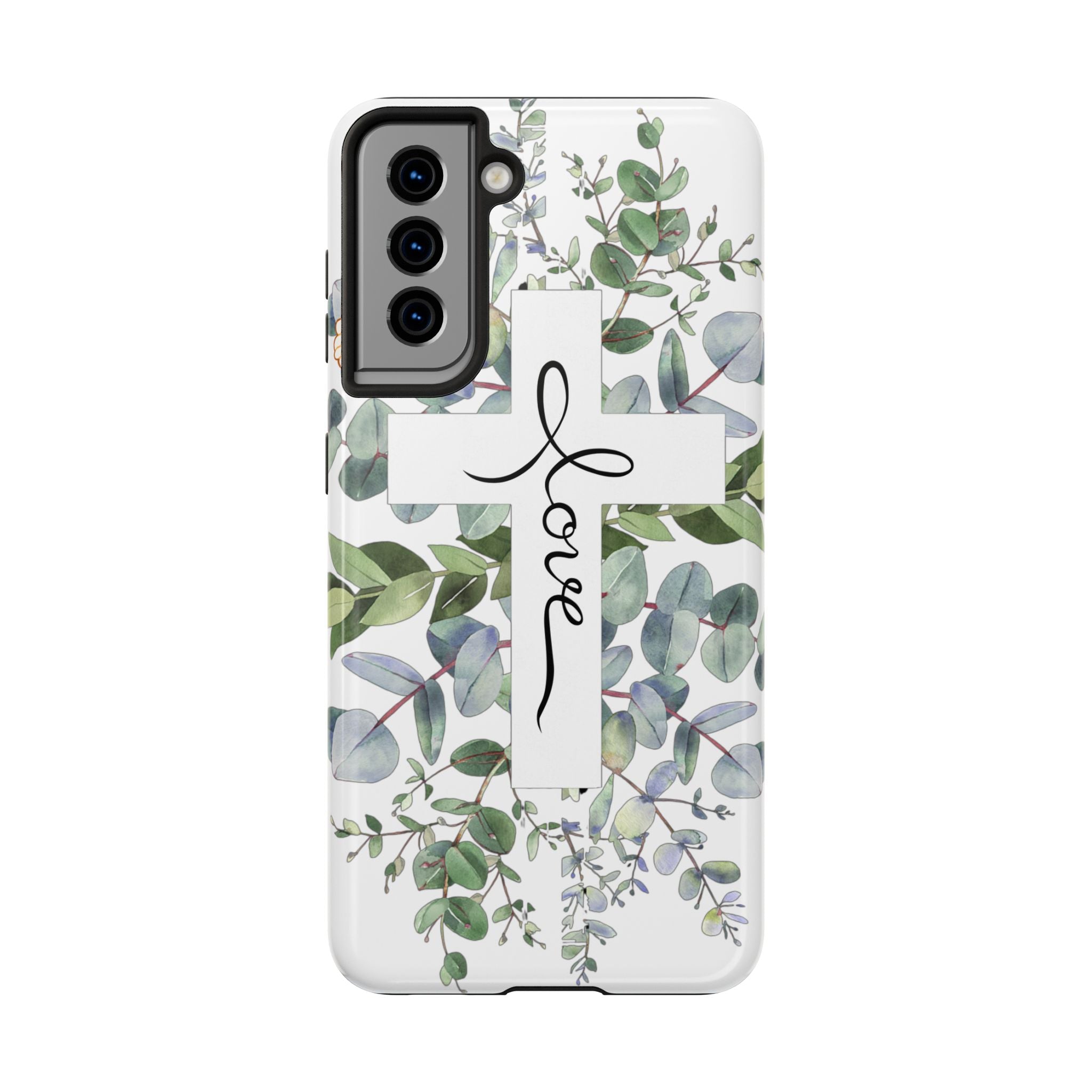 Religious Cross Tough Phone Case — Eucalyptus Floral "Love" Design
