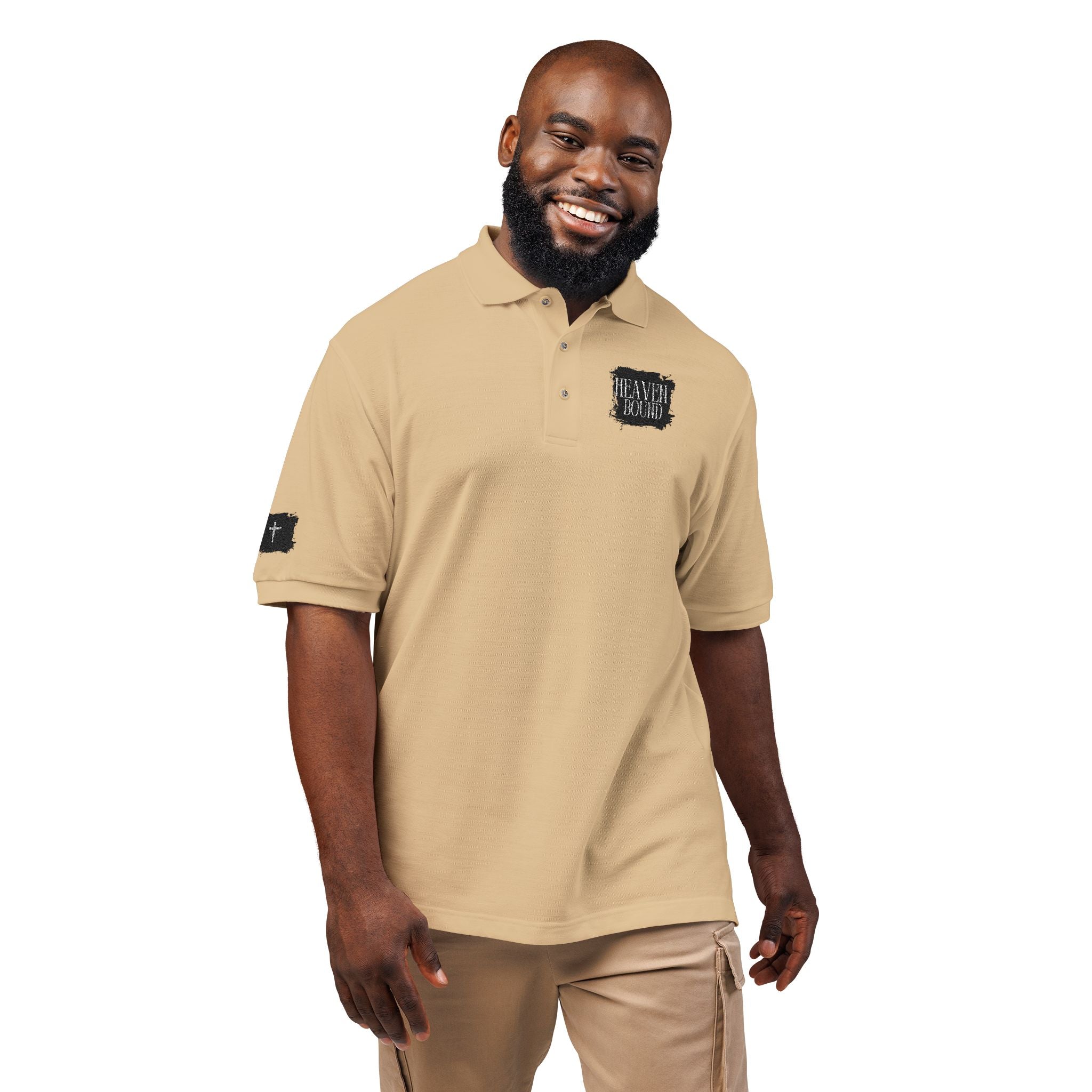 Embroidered Heaven Bound Patch Polo Shirt, Cross on Right Sleeve