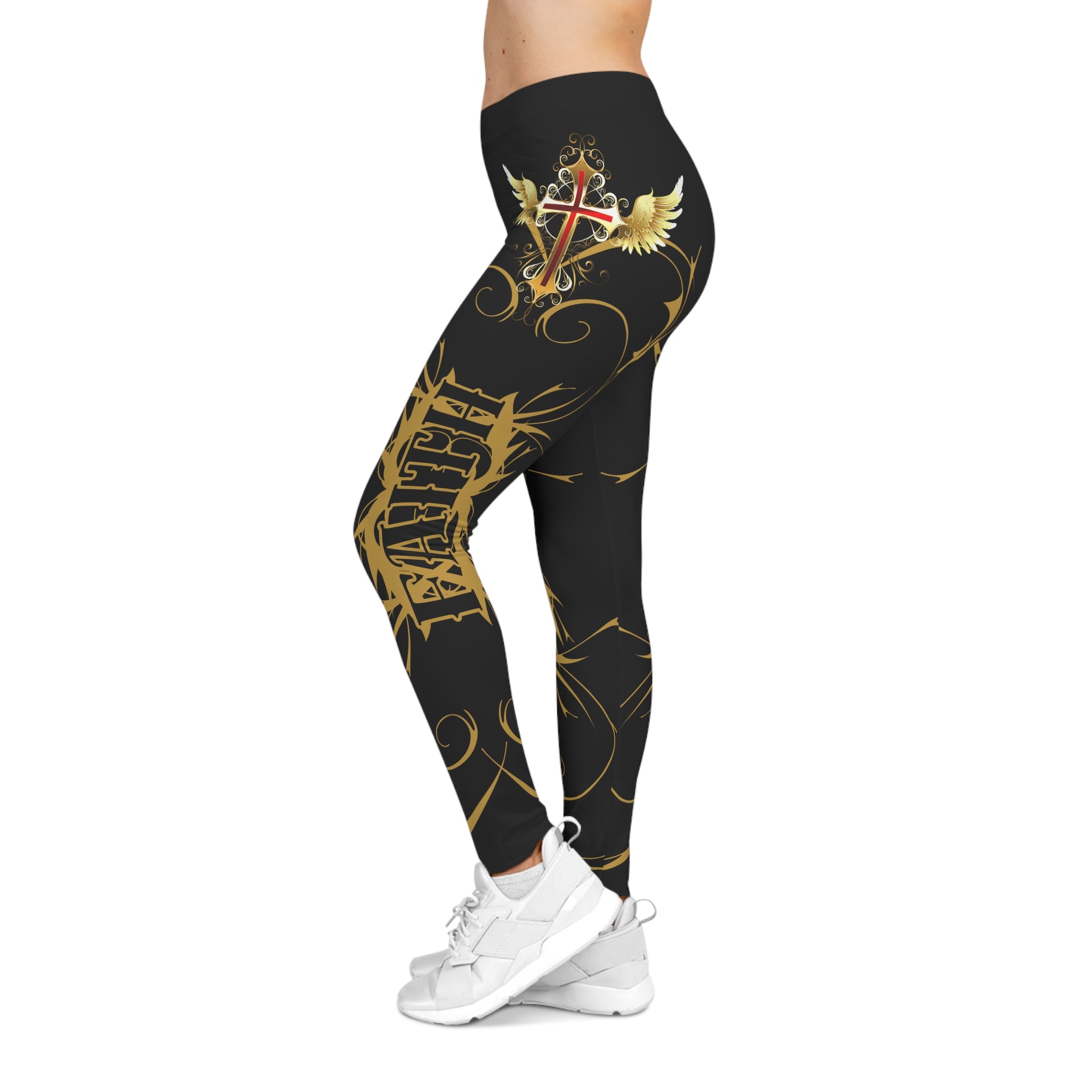 Women’s Winged Cross Leggings — Black & Gold Faith and Kindness Design