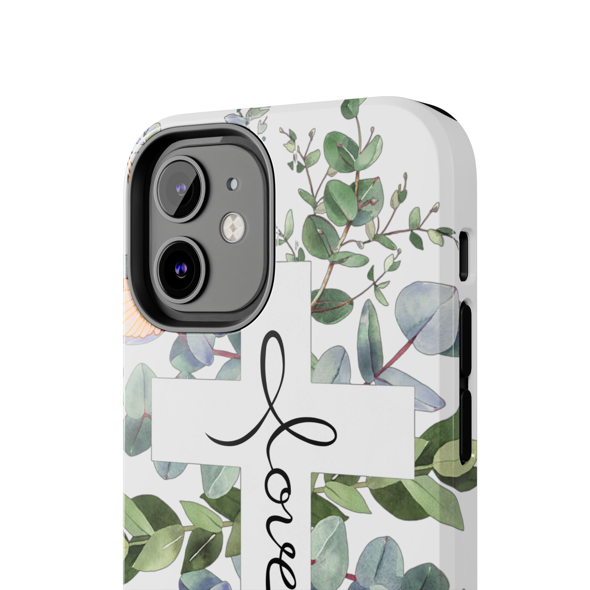 Religious Cross Tough Phone Case — Eucalyptus Floral "Love" Design
