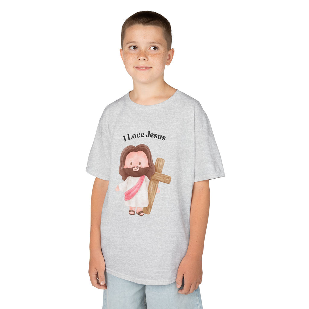 Kids T-Shirt — Cute "I Love Jesus" Cartoon Jesus Holding Cross — Christian Easter Gift for Children