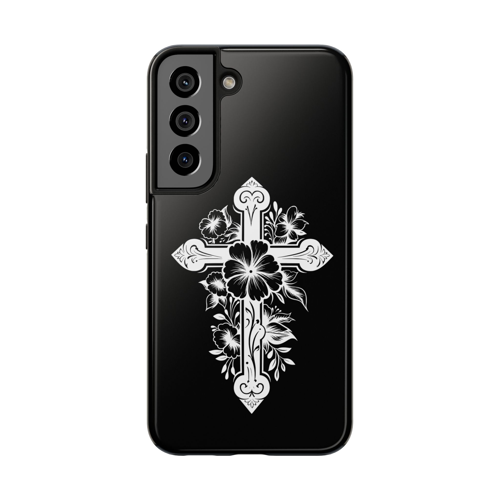 Floral Cross Tough Phone Case — Black Protective Christian Phone Cover