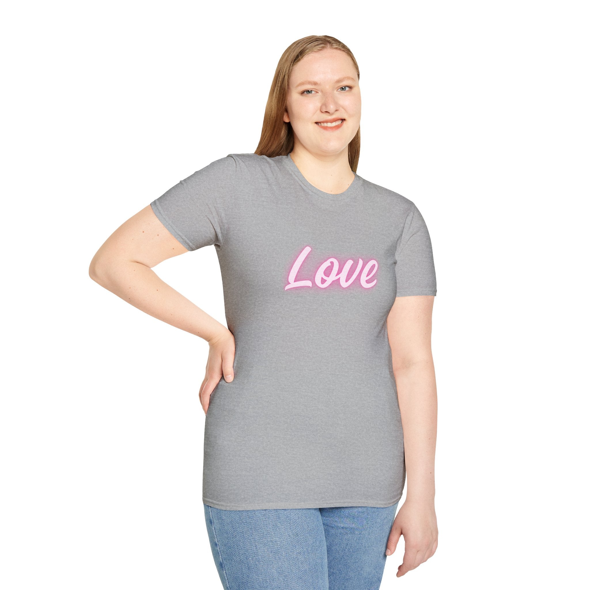 Love Script T-Shirt — Pink Neon "Love" Graphic with Scripture Back