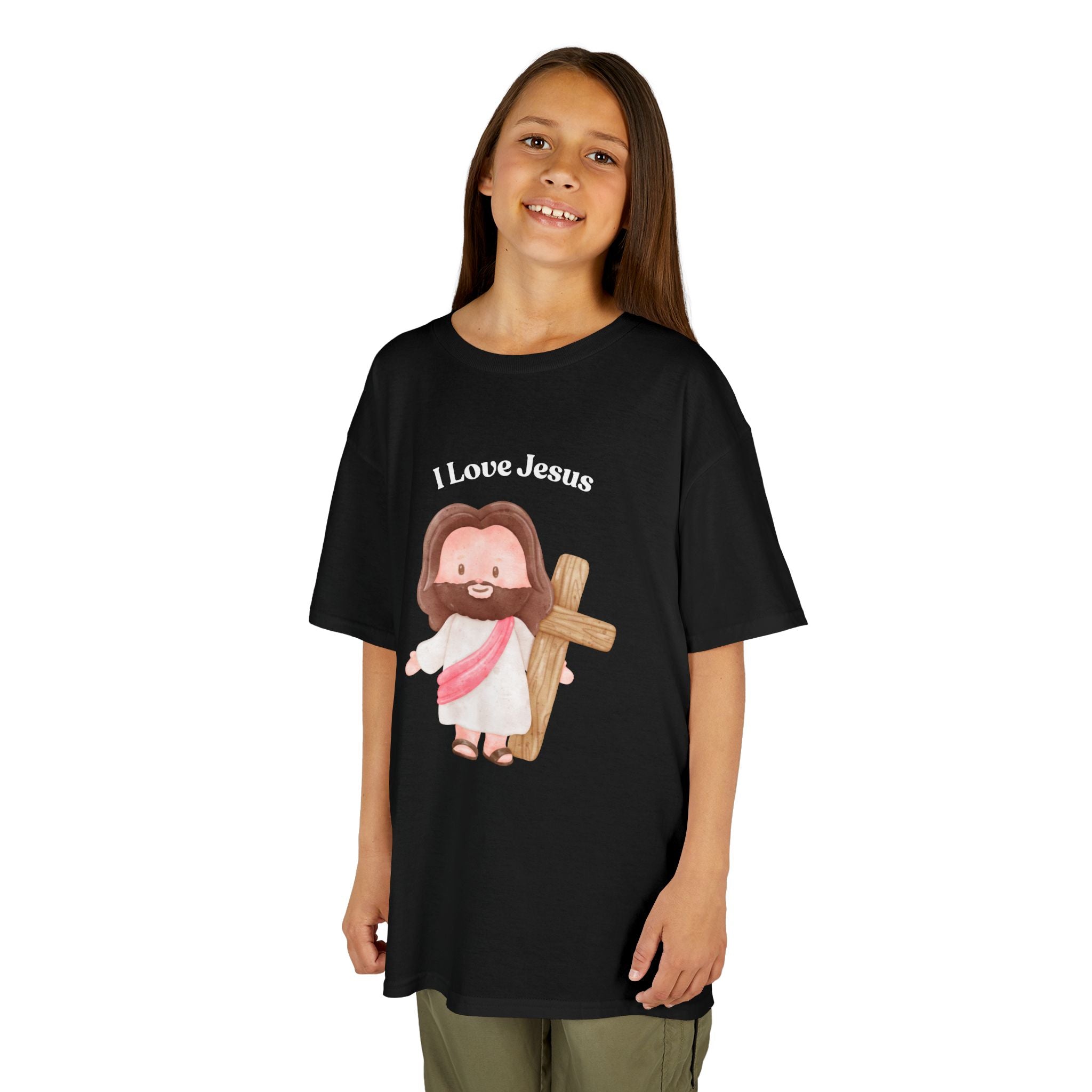 Kids T-Shirt — Cute "I Love Jesus" Cartoon Jesus Holding Cross — Christian Easter Gift for Children