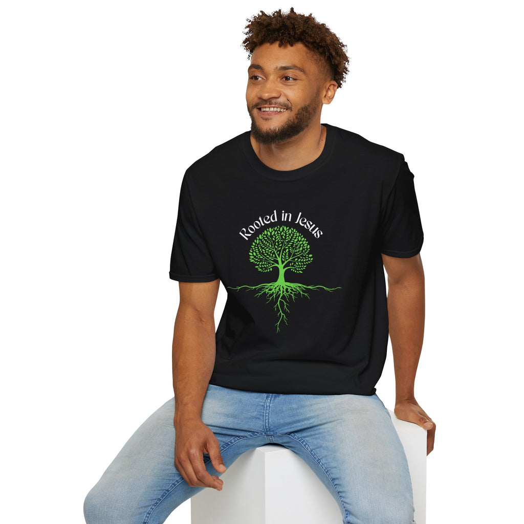 T-Shirt — "Rooted in Jesus" Tree Graphic Christian Faith Tee