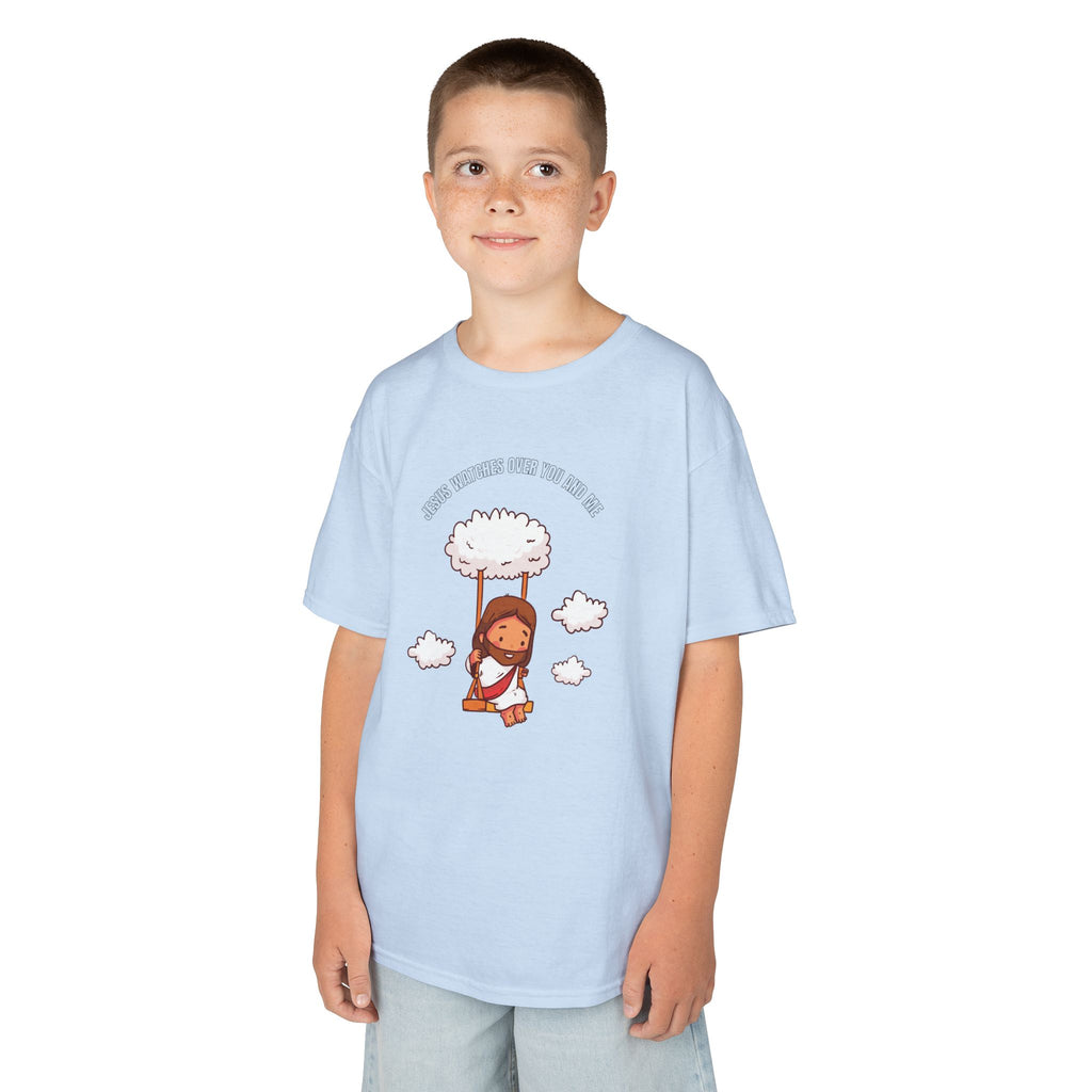 Kids Tee — Cute Jesus on Swing Under Cloud "Jesus Watches Over You and Me"