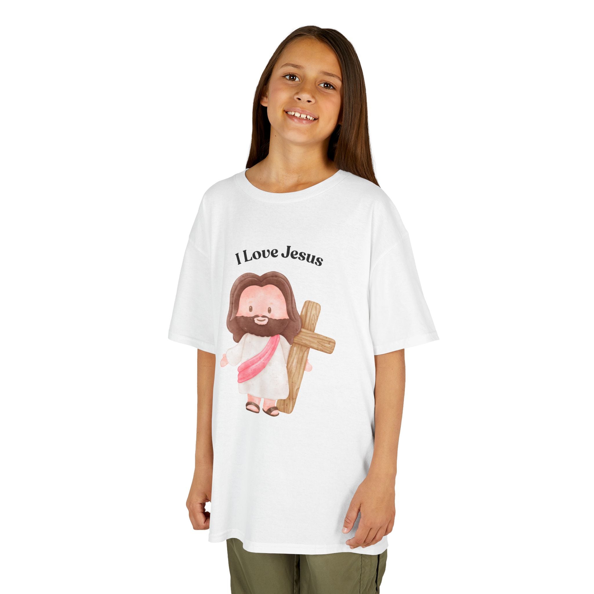 Kids T-Shirt — Cute "I Love Jesus" Cartoon Jesus Holding Cross — Christian Easter Gift for Children