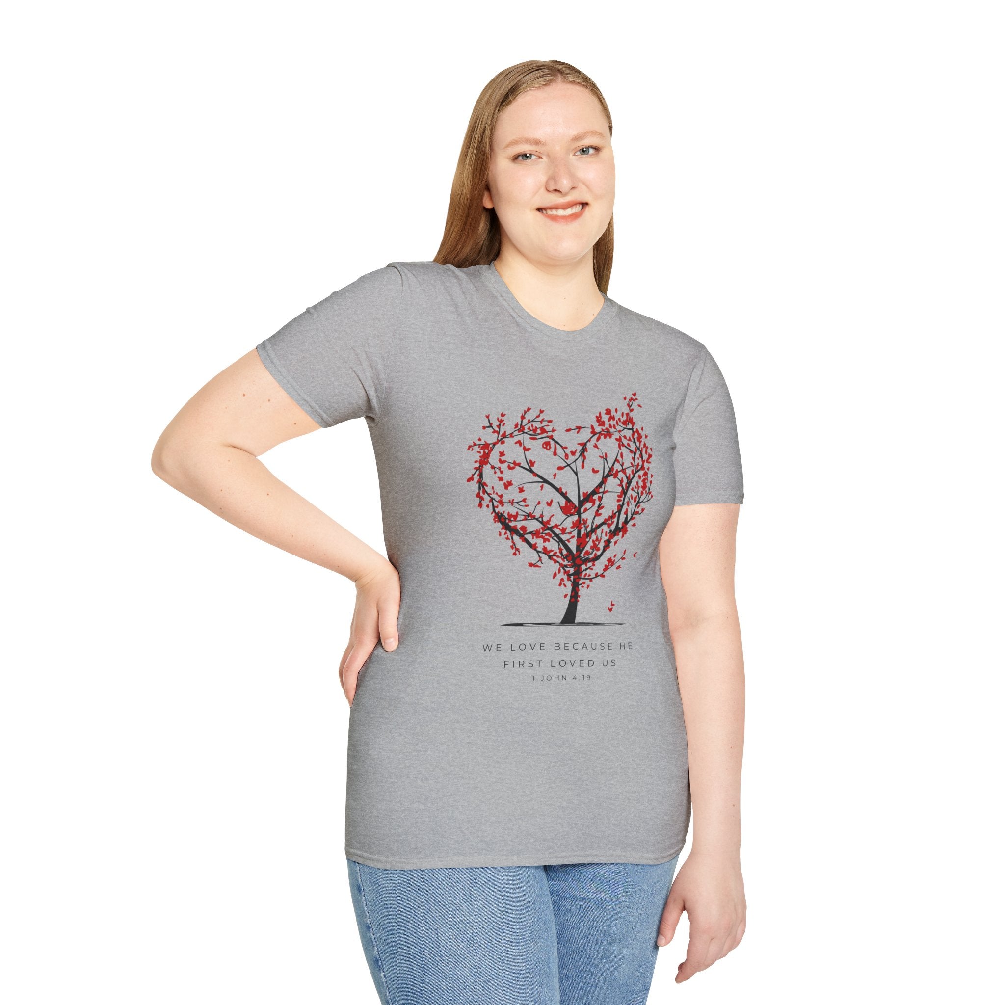 Heart Blossom Tree T‑Shirt — "We Love Because He First Loved Us" Christian Tee