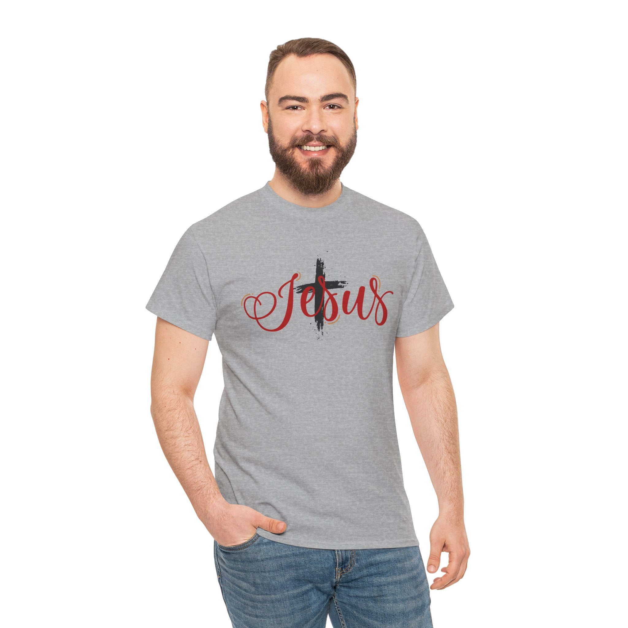 Jesus Cross T-Shirt — Red Brushstroke Faith Tee with Scripture Back (John 14:6)