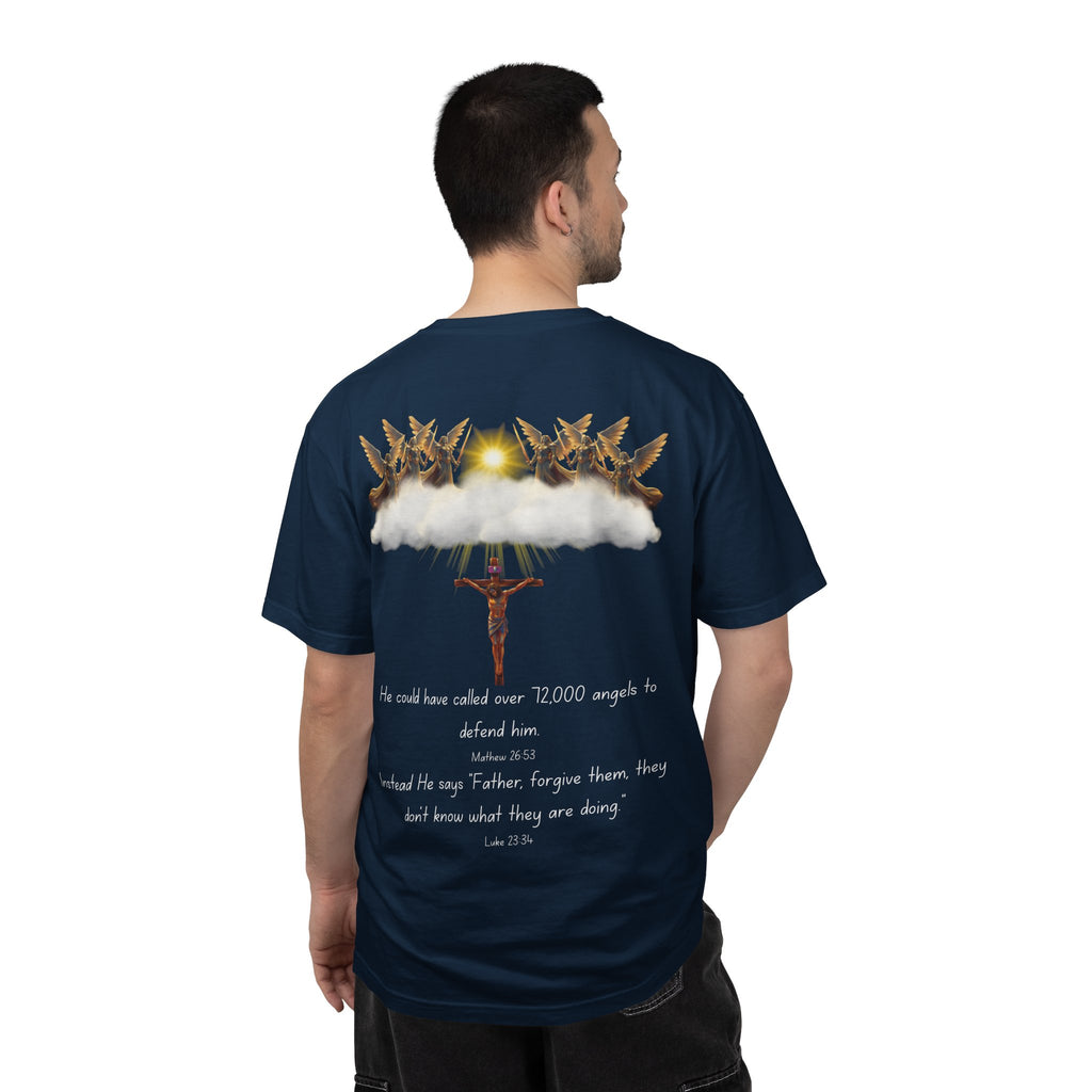 Christian Mercy & Forgiveness T-Shirt — Scripture Cross Back Design