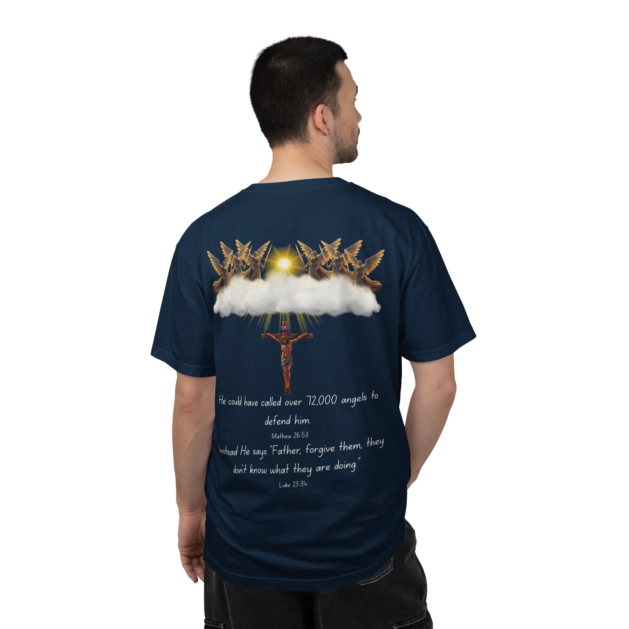 Christian Mercy & Forgiveness T-Shirt — Scripture Cross Back Design