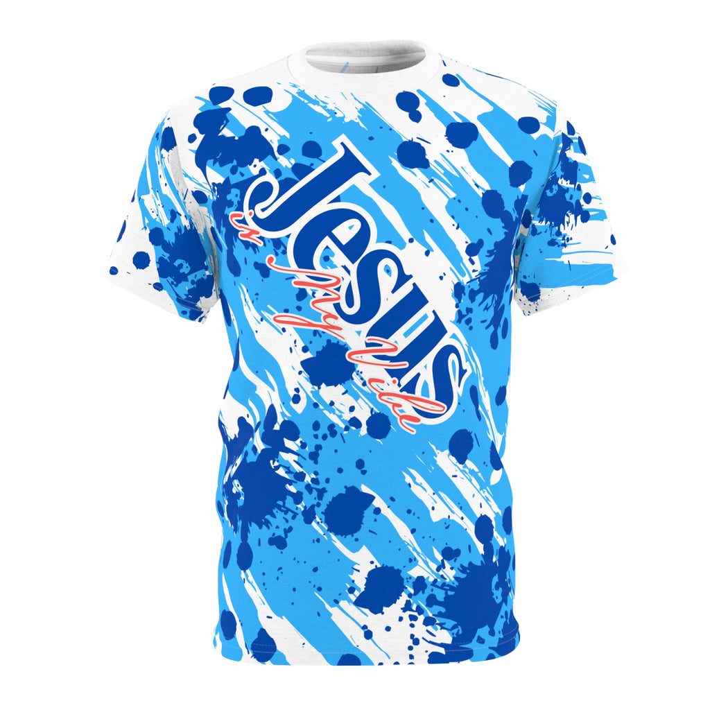 Jesus is My Vibe Splash Graphic Tee — Blue All-Over Print Christian Shirt