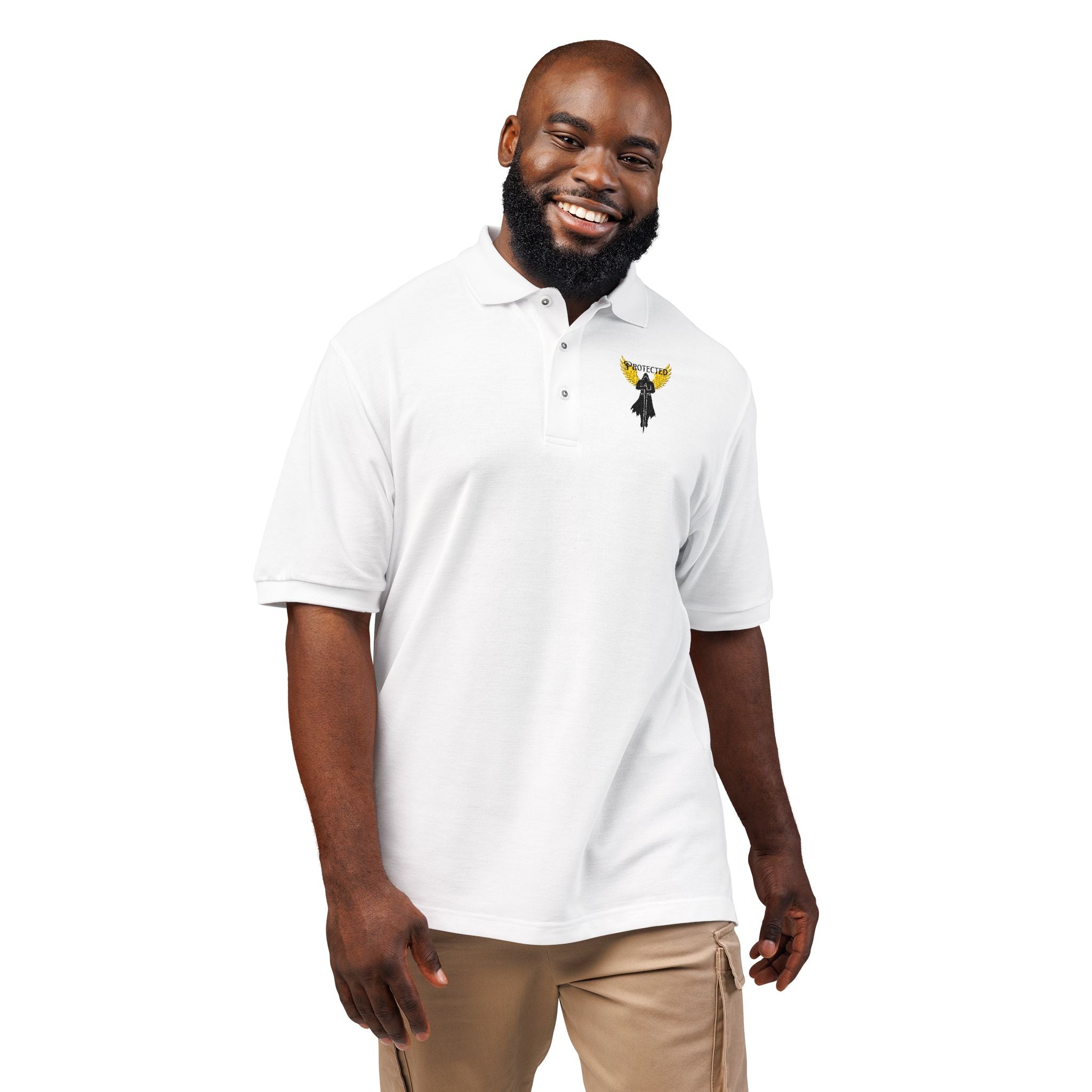 Embroidered Guardian Angel Polo Shirt — Yellow Wing Angel Protected Chest Logo