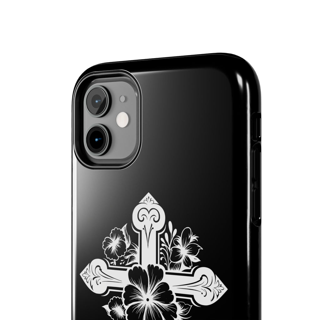 Floral Cross Tough Phone Case — Black Protective Christian Phone Cover